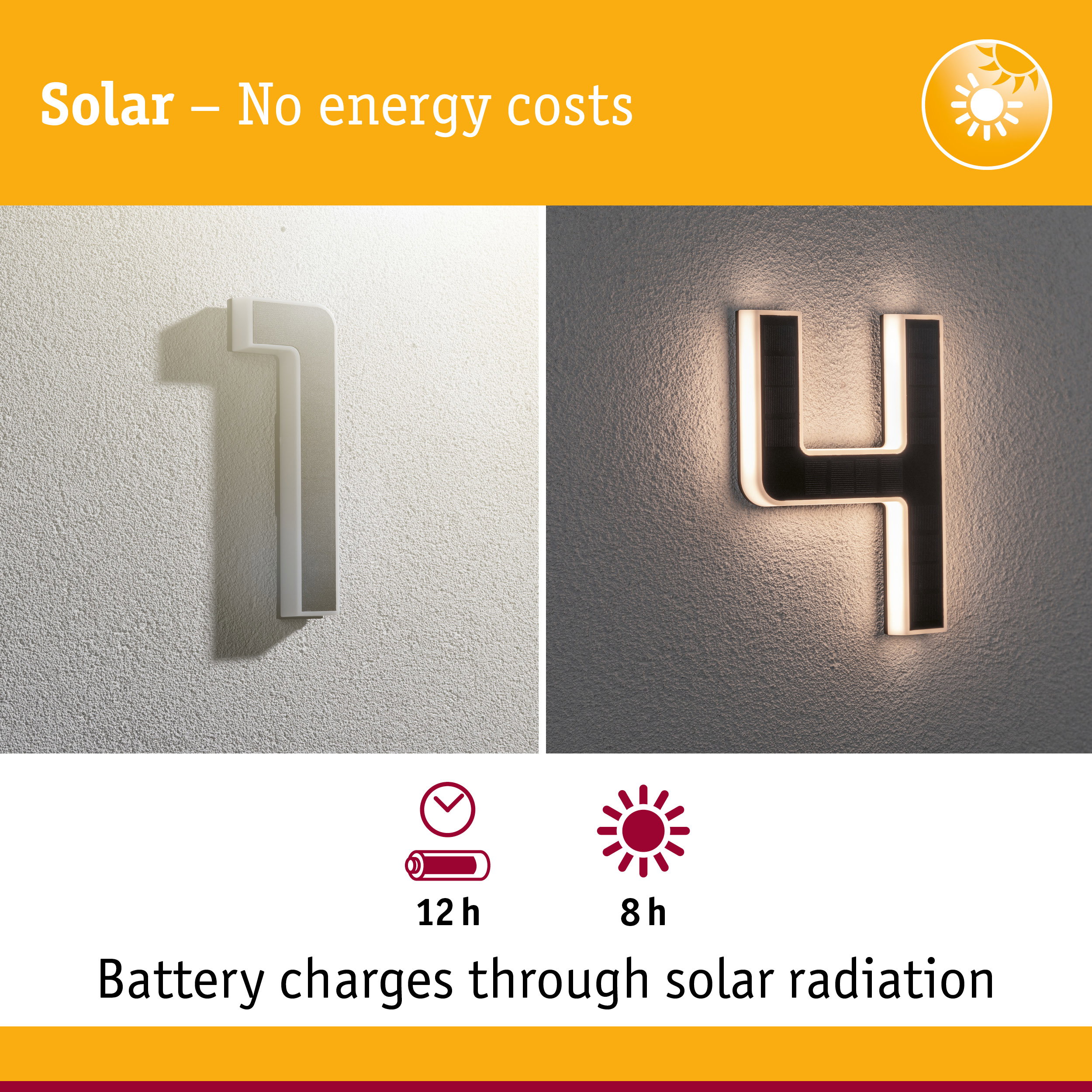Solar-powered white LED wall numbers 1 and 4 with energy-saving lighting and long battery life