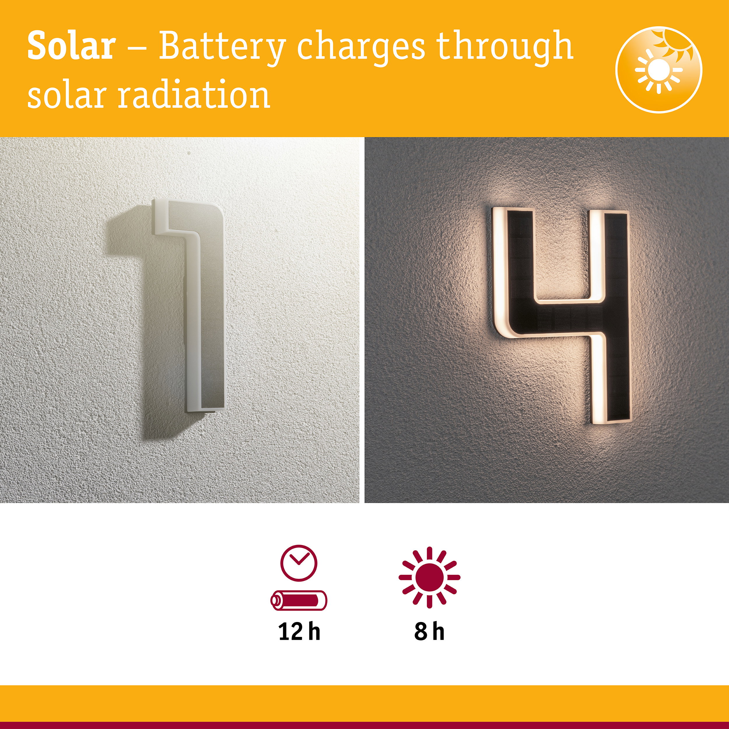 Solar-powered white LED wall numbers 1 and 4 with energy-saving lighting and long battery life