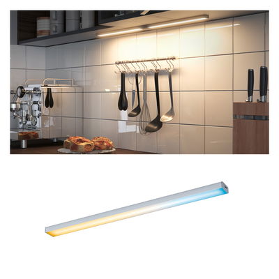 Aluminum LED under-cabinet light with warm white and blue tones for kitchen countertop illumination