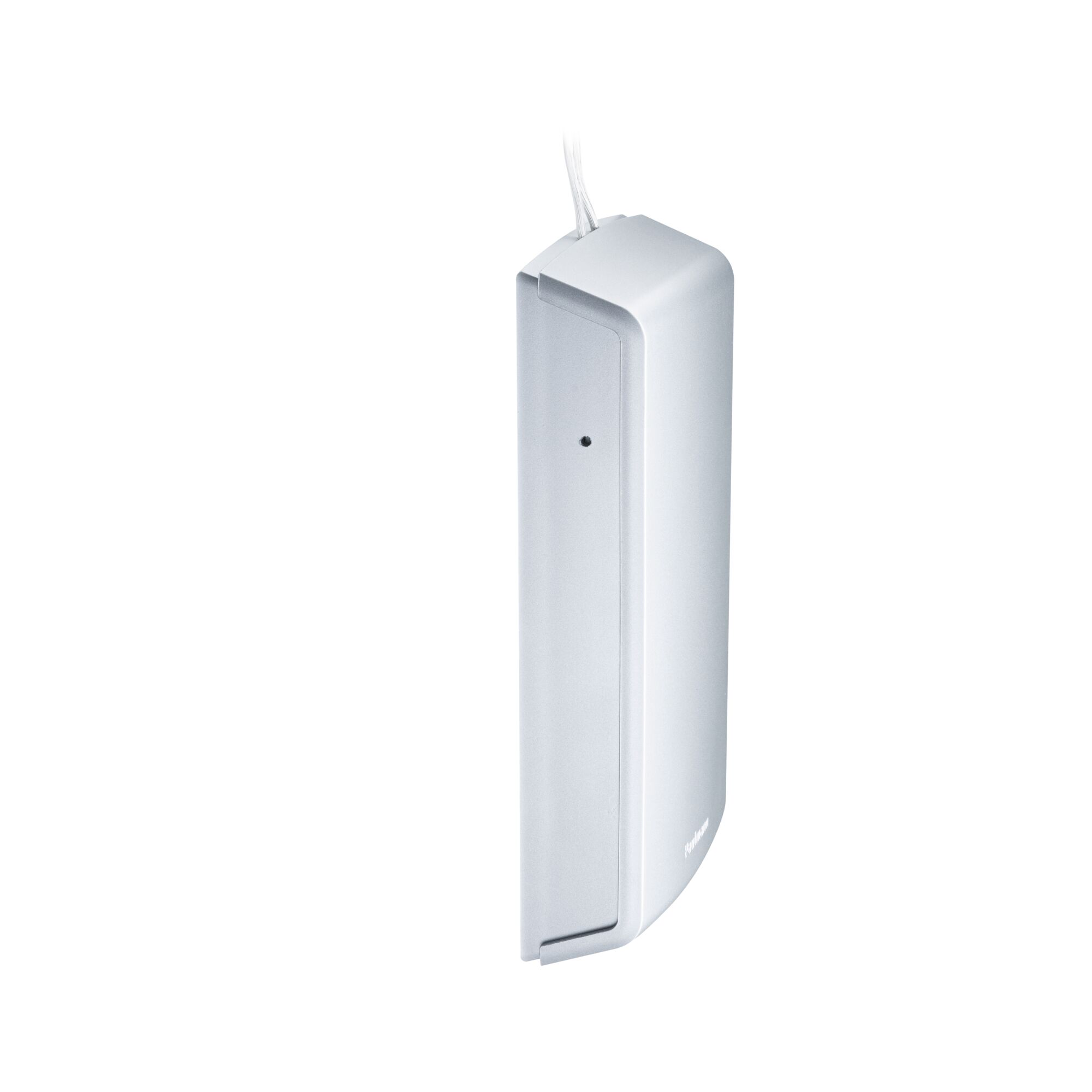 Witte kunststof behuizing met kabel, modern elektronisch apparaat voor huisautomatisering