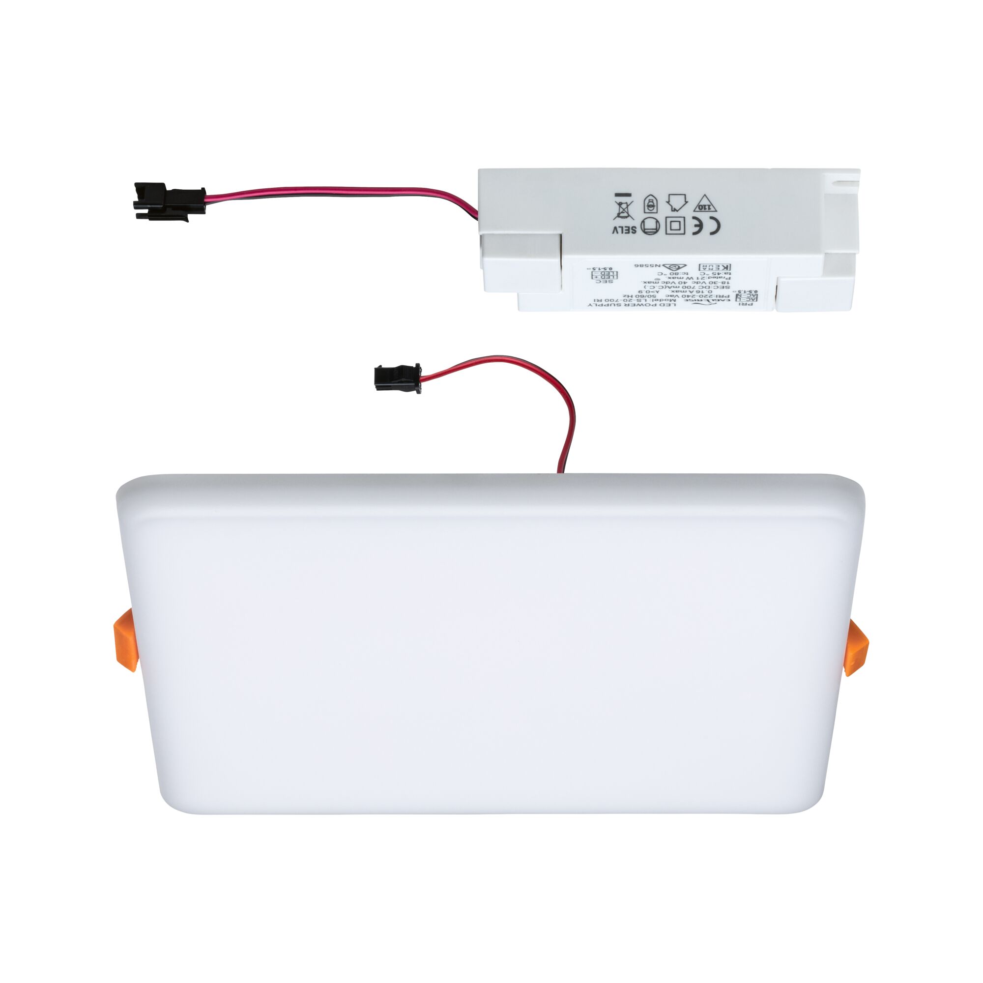 Witte LED-voeding met rode draden en zwarte connectoren voor LED-verlichtingssystemen