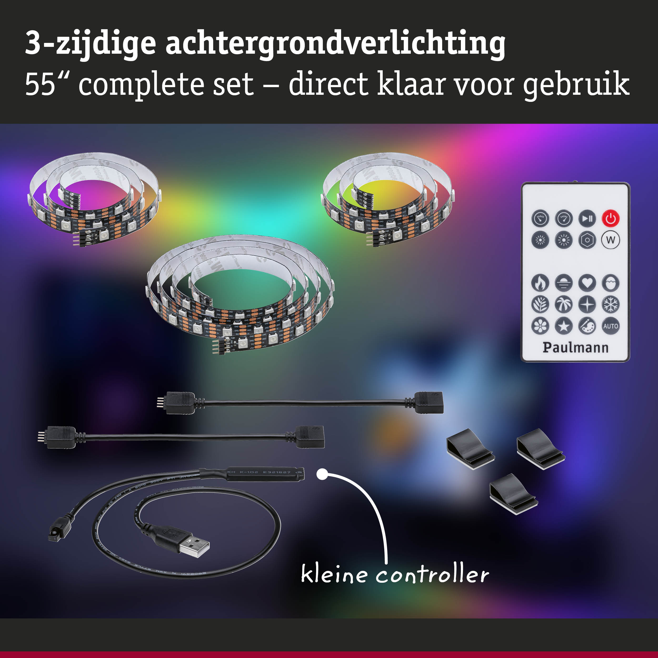3-zijdige LED-achtergrondverlichting set met afstandsbediening en USB-kabel voor 55 inch schermen