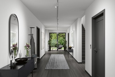 Modern hallway with white walls, grey rug, and black furniture lighting for living space design.