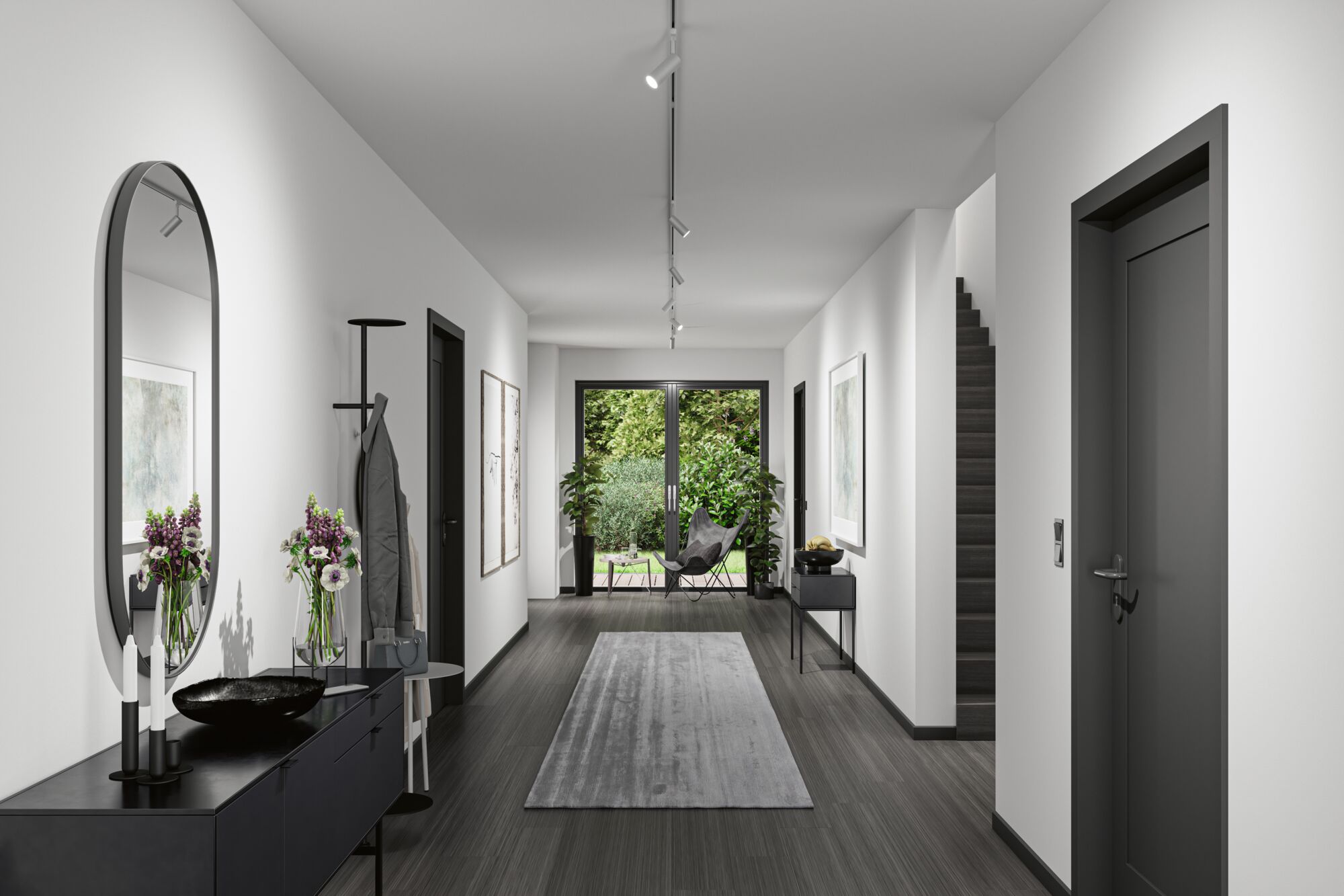 Moderner Flur mit weißen Wänden, grauem Teppich und schwarzer Möbelbeleuchtung für Wohnraum.
