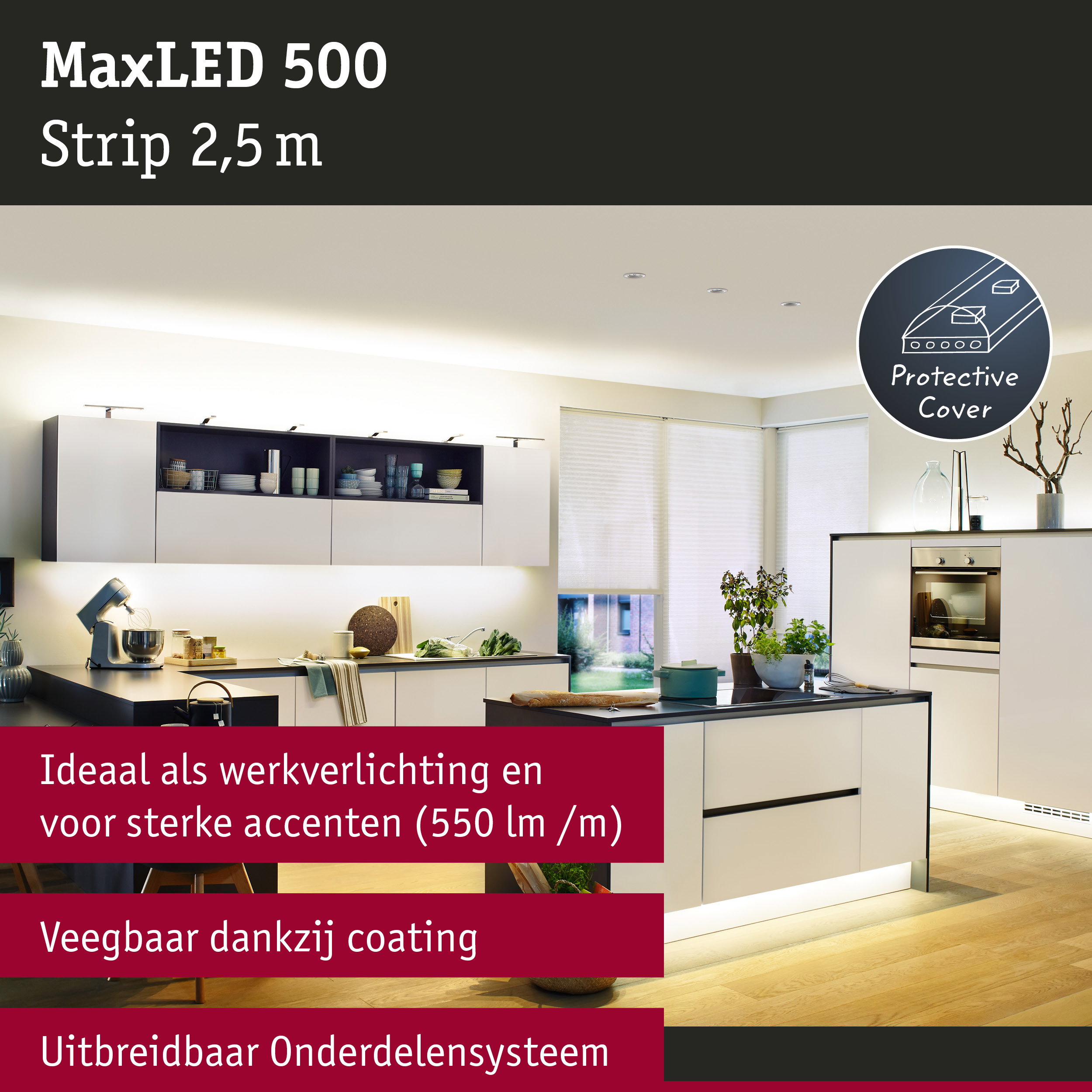 Moderne keuken met MaxLED 500 LED-stripverlichting onder kasten voor helder werklicht