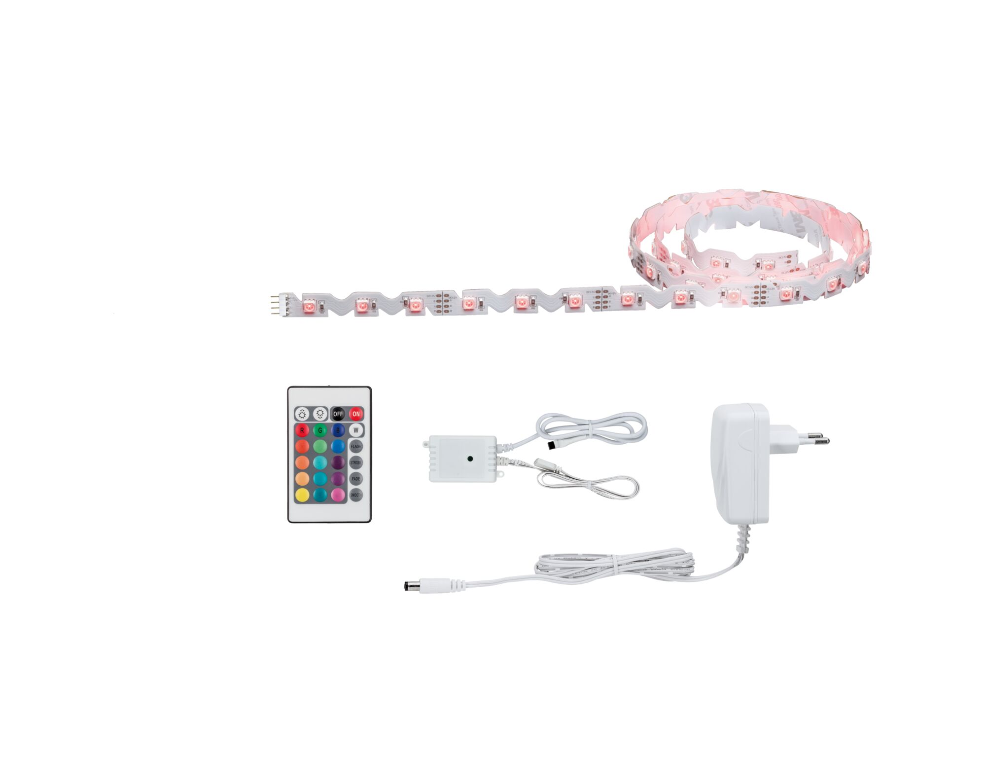 LED-Lichtband mit Fernbedienung, Netzteil und Steuergerät in Weiß für farbige Raumbeleuchtung