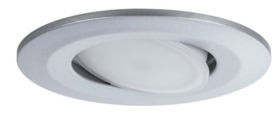 Rundstrahler aus silbernem Metall mit weißem, schwenkbarem Leuchtmittel für flexible Beleuchtung