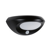 Black LED wall light with white diffuser and motion sensor for energy-efficient outdoor lighting