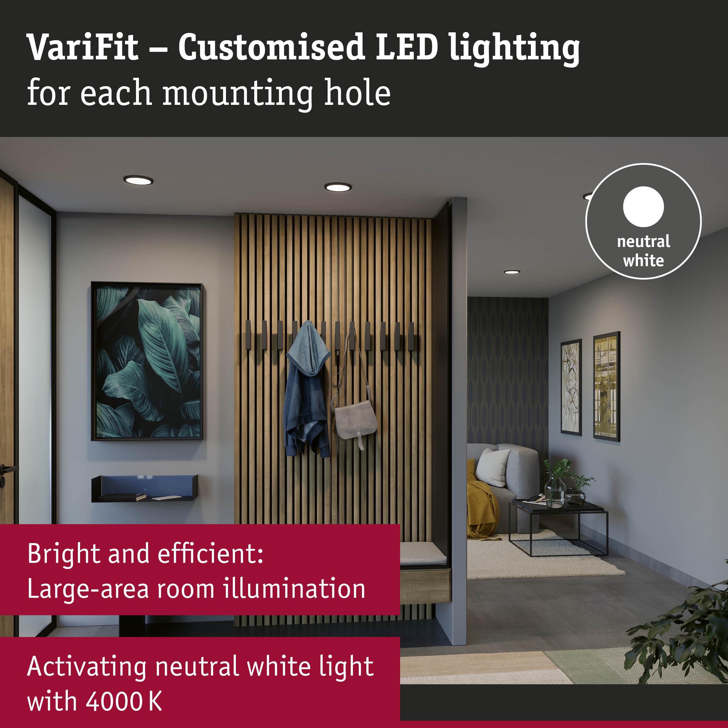 Modern living room with customised neutral white LED ceiling lights for bright large-area illumination