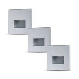 Three square silver aluminum LED wall recessed lights for modern indoor lighting solutions