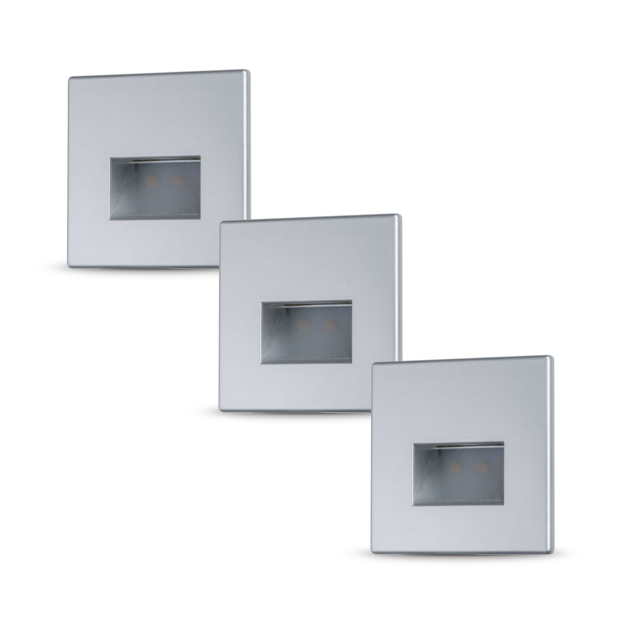 Trois appliques murales encastrées carrées en aluminium argenté avec fenêtre lumineuse rectangulaire