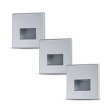 Three square silver aluminium LED wall recessed lights with rectangular light window for modern lighting