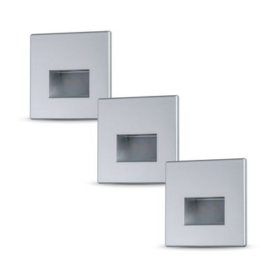 Set of three square silver aluminium LED wall recessed lights for modern indoor lighting