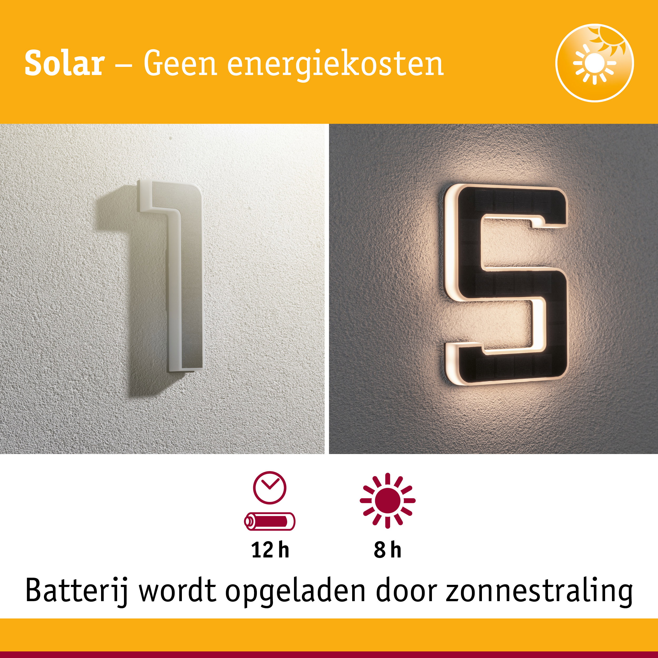 Zonne-energie huisnummer met witte behuizing en LED-verlichting voor energiezuinige buitenverlichting