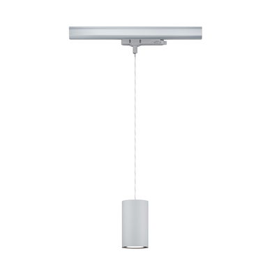 Modern white cylindrical metal pendant light with transparent cable for track lighting system.