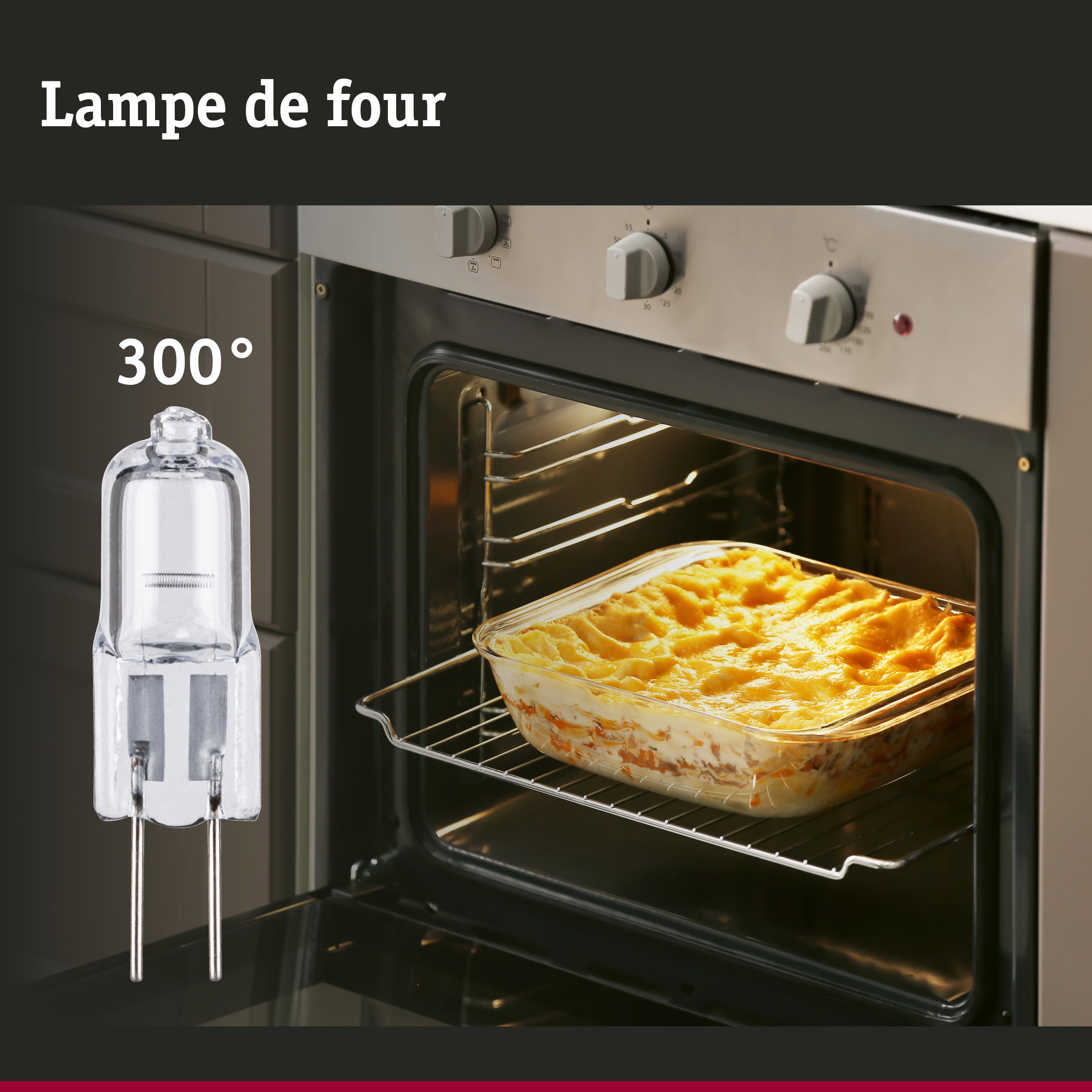 Ampoule en verre à deux broches devant un four avec un gratin à 300 degrés, lampe LED de remplacement
