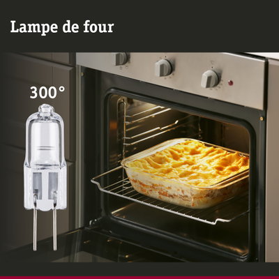 Ampoule en verre à deux broches devant un four avec un gratin à 300 degrés, lampe LED de remplacement