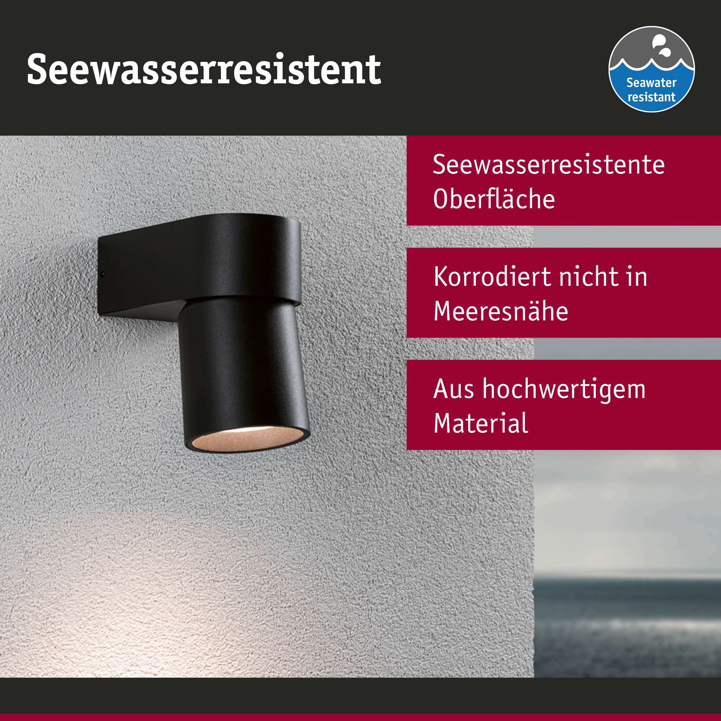 Schwarze Außenwandleuchte mit seewasserresistenter Oberfläche aus hochwertigem Material