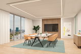 Modernes Büro mit rechteckigem weißen Tisch, orangen Stühlen und LED-Deckenbeleuchtung für Konferenzen