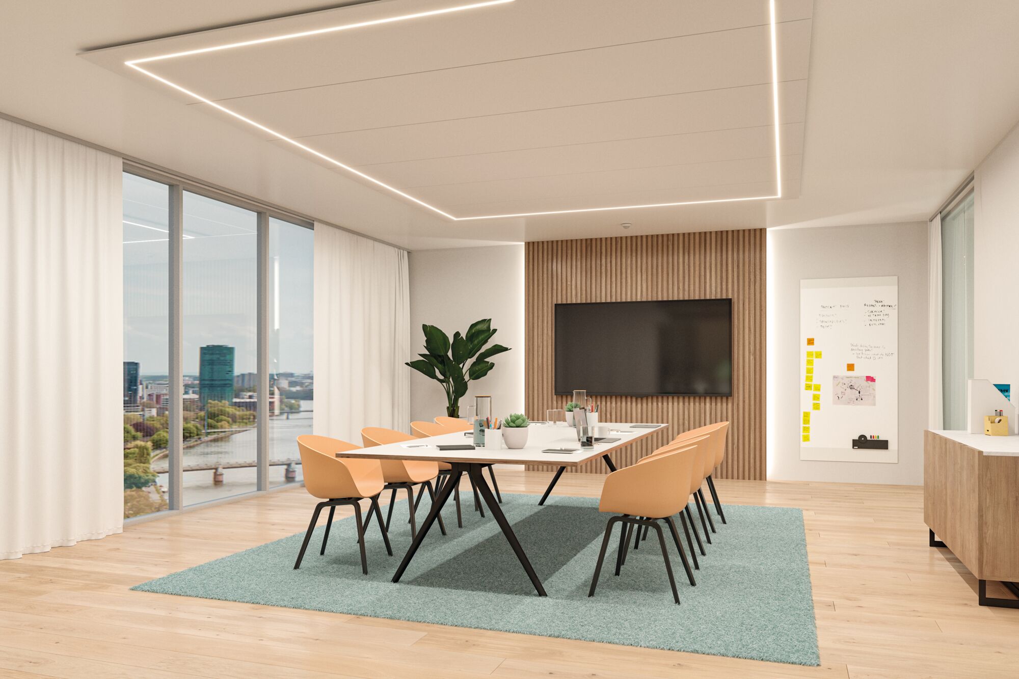 Modernes Büro mit rechteckigem Tisch, orangen Stühlen und LED-Deckenbeleuchtung in hellem Raum