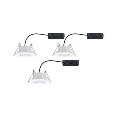 Three white LED recessed spotlights with black cables and mounting clips for ceiling installation