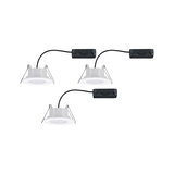 Three white LED recessed spotlights with black cables and mounting clips for ceiling installation