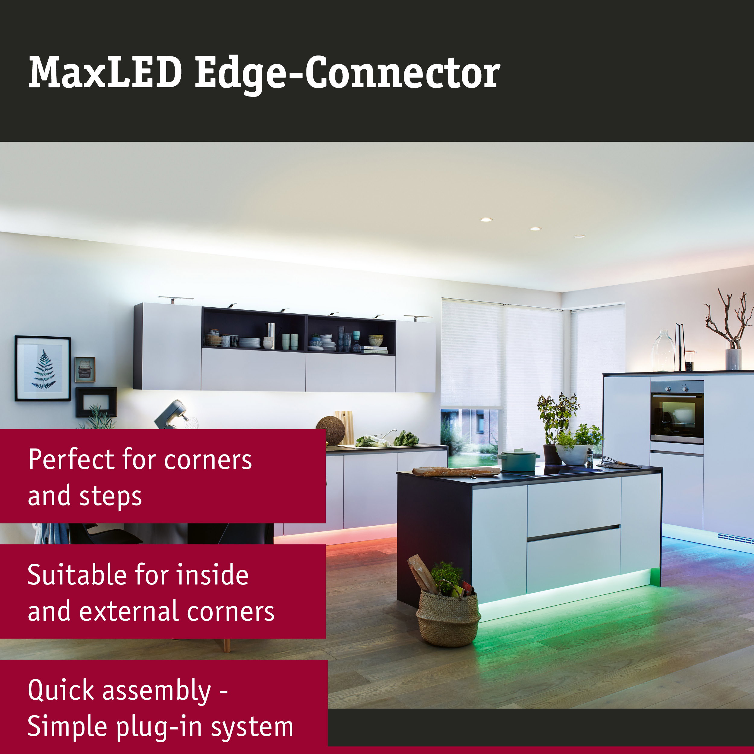 Modern kitchen featuring MaxLED Edge-Connector LED lighting under white cabinets and island with colour-changing lights