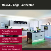 Modern kitchen featuring MaxLED Edge-Connector LED lighting under white cabinets and island with colour-changing lights