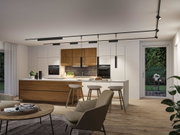 Modern kitchen with wood cabinets and black LED track lighting for stylish ambient light