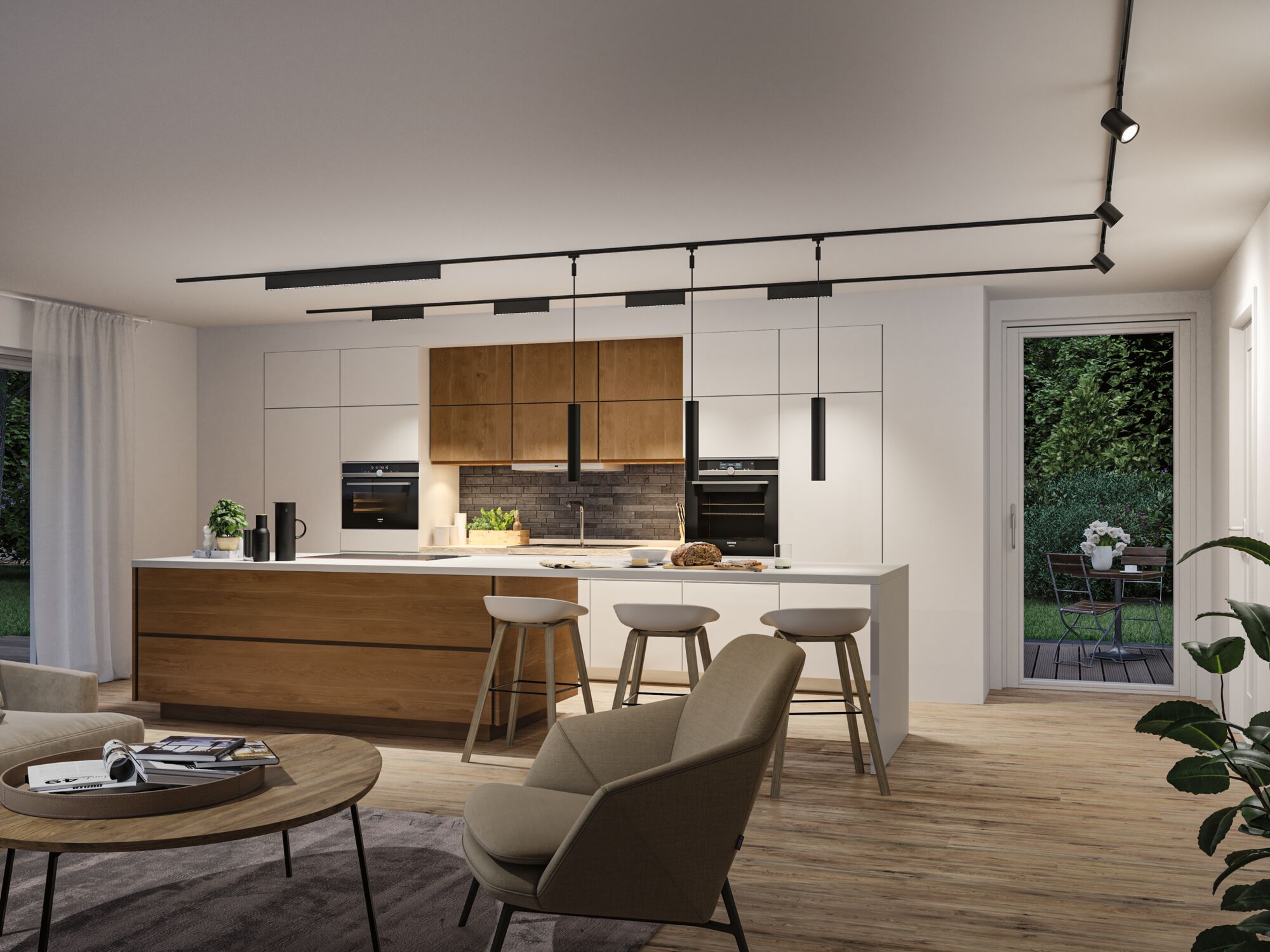 Modern kitchen with wood cabinets and black LED track lighting for stylish ambient light