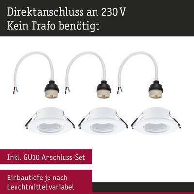 Drei weiße Einbaustrahler mit GU10 Anschluss-Set und direktem 230V Anschluss ohne Trafo