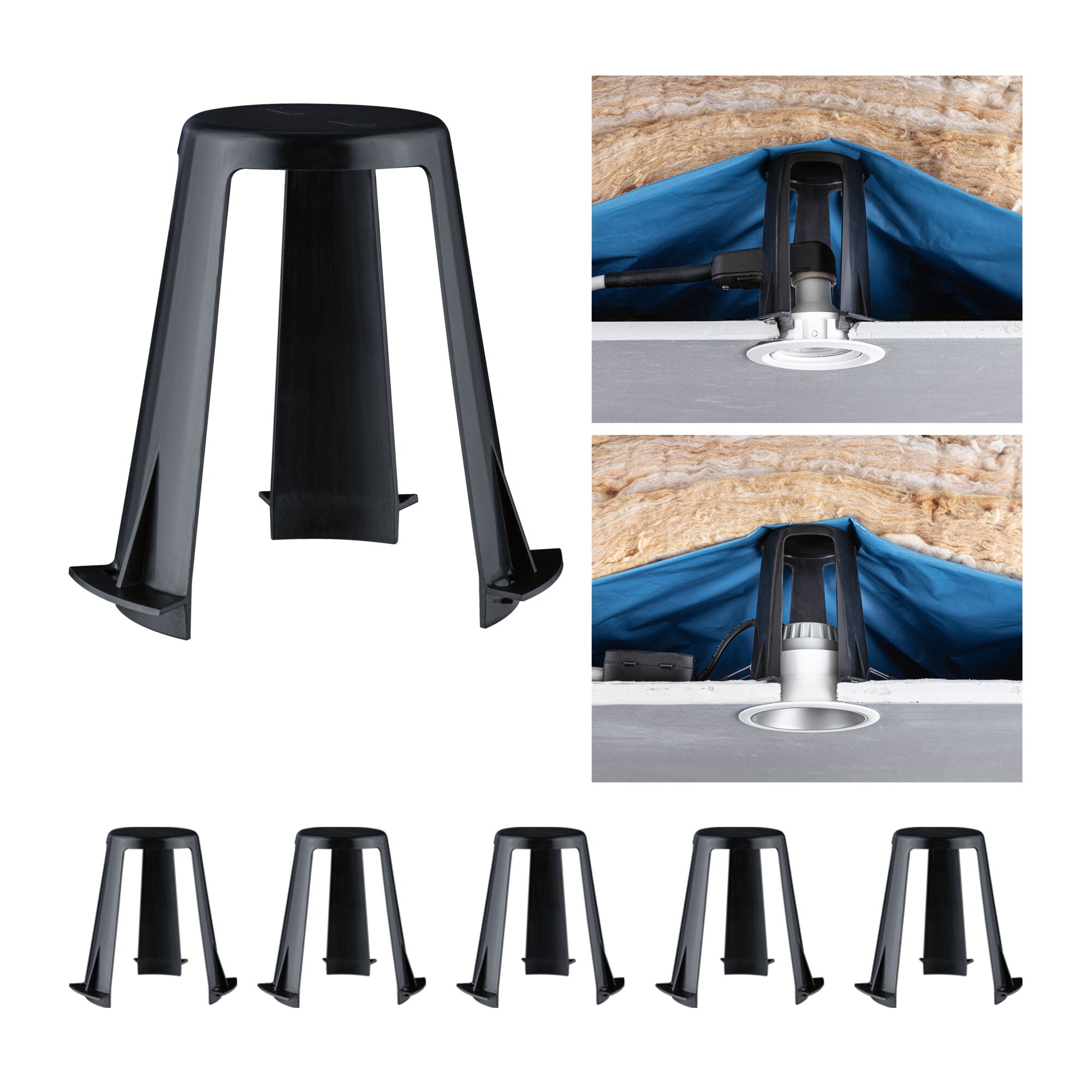 Accessoires pour spots encastrés Entretoises pour luminaires encastrés 62 - 90mm Kit de 5 Noir Support de montage en plastique noir pour spots LED encastrés avec isolation de plafond