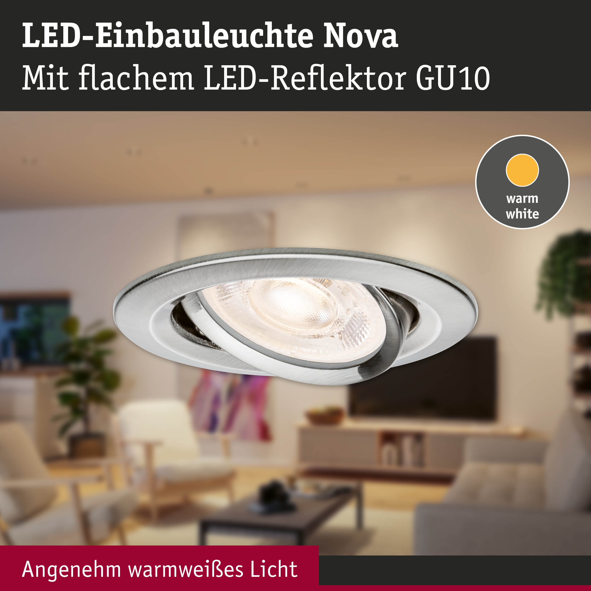 LED-Einbauleuchte Nova aus gebürstetem Metall mit warmweißem Licht und flachem GU10 LED-Reflektor