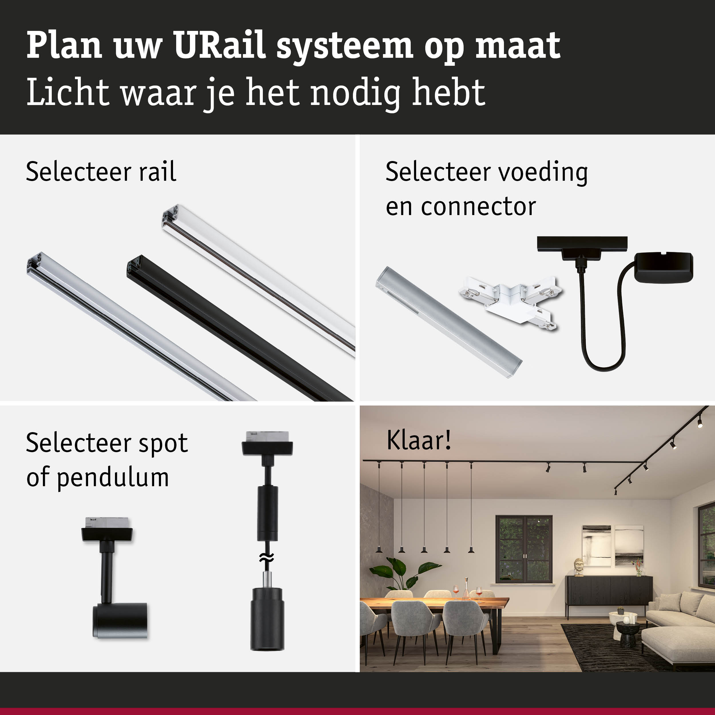 Modulair URail railsysteem in zwart en wit met connectoren voor flexibele binnenverlichting