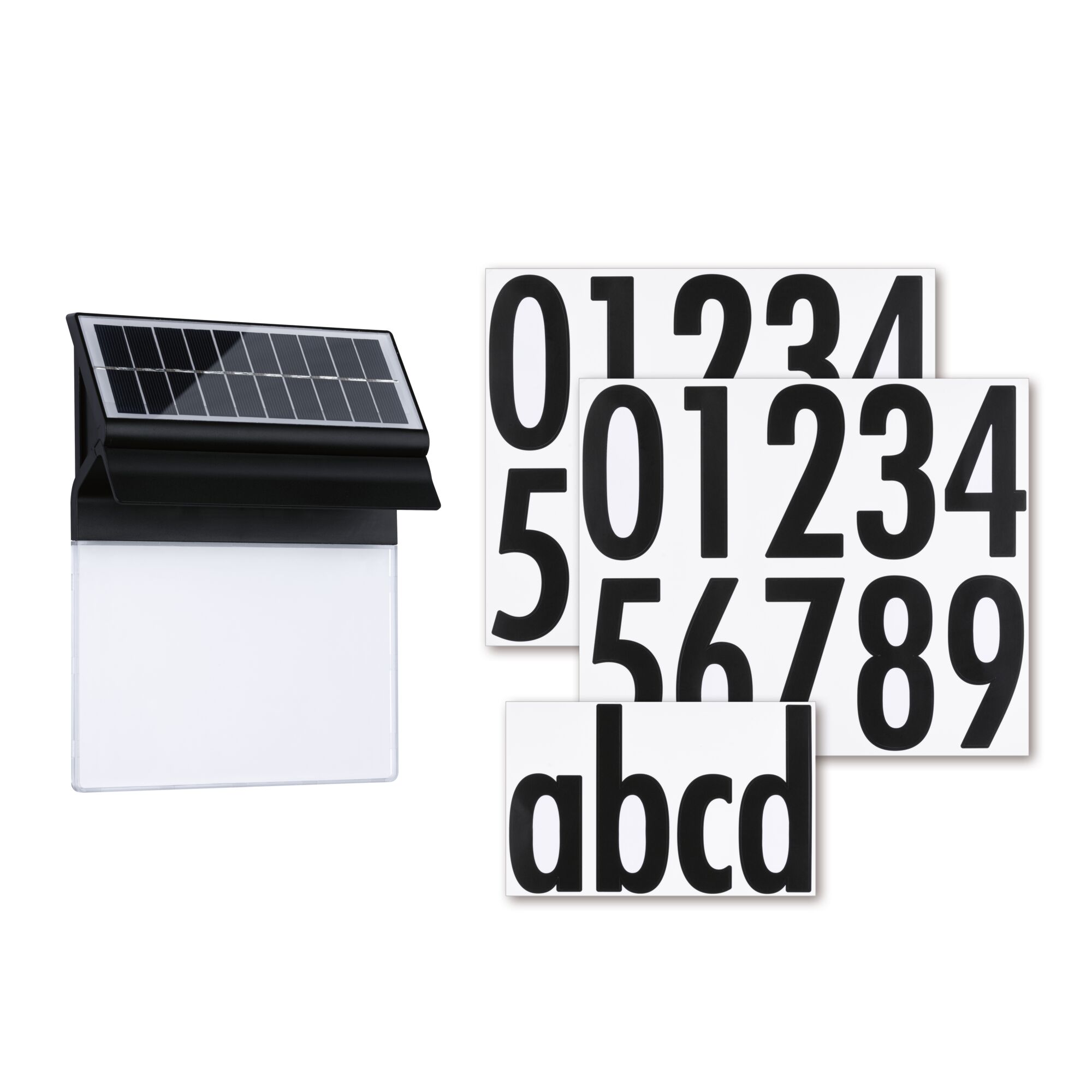 Lampe solaire noire avec panneau blanc et autocollants noirs chiffres et lettres pour numéros de maison.