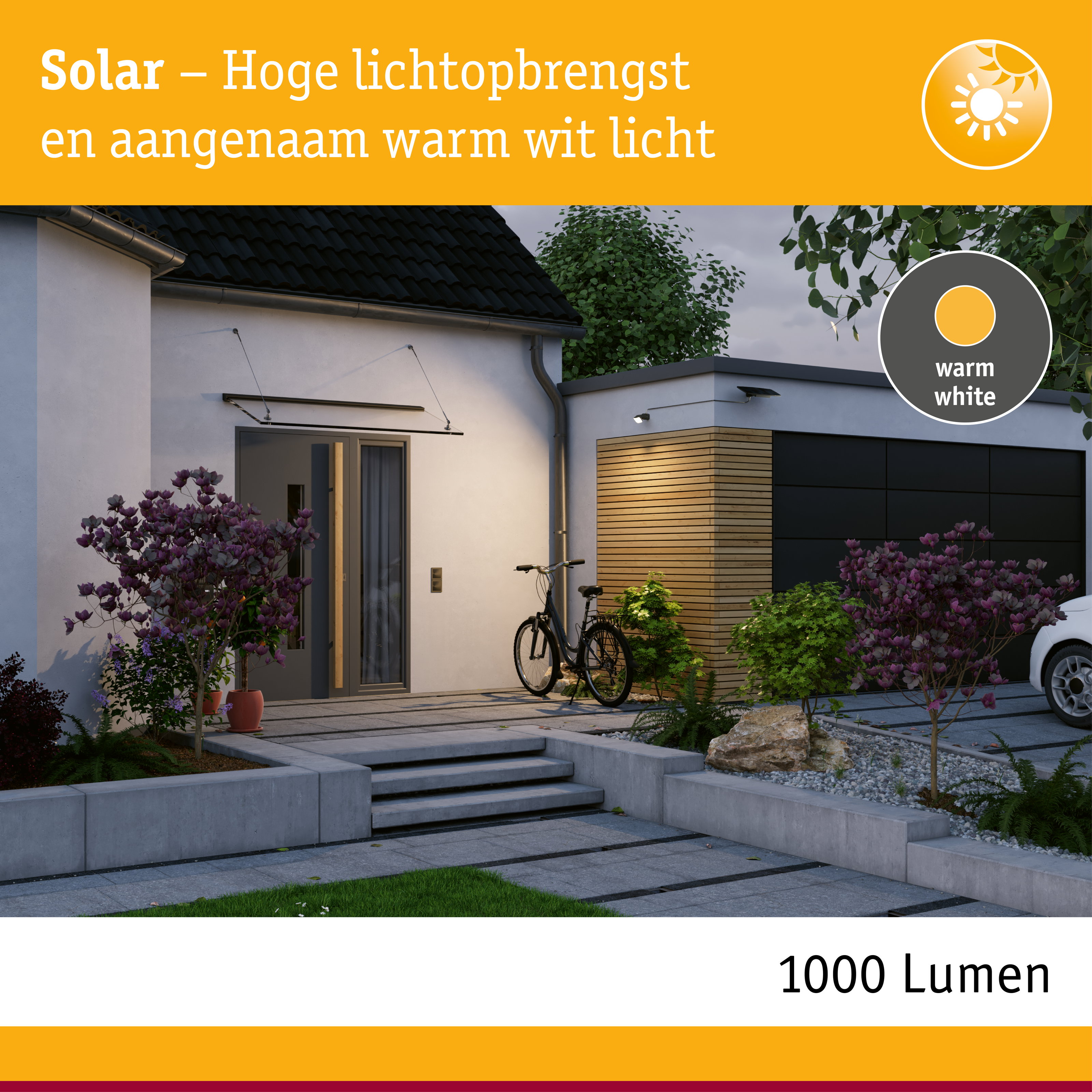 Zonne-energie buitenlamp met warm wit licht voor gevel en tuinverlichting