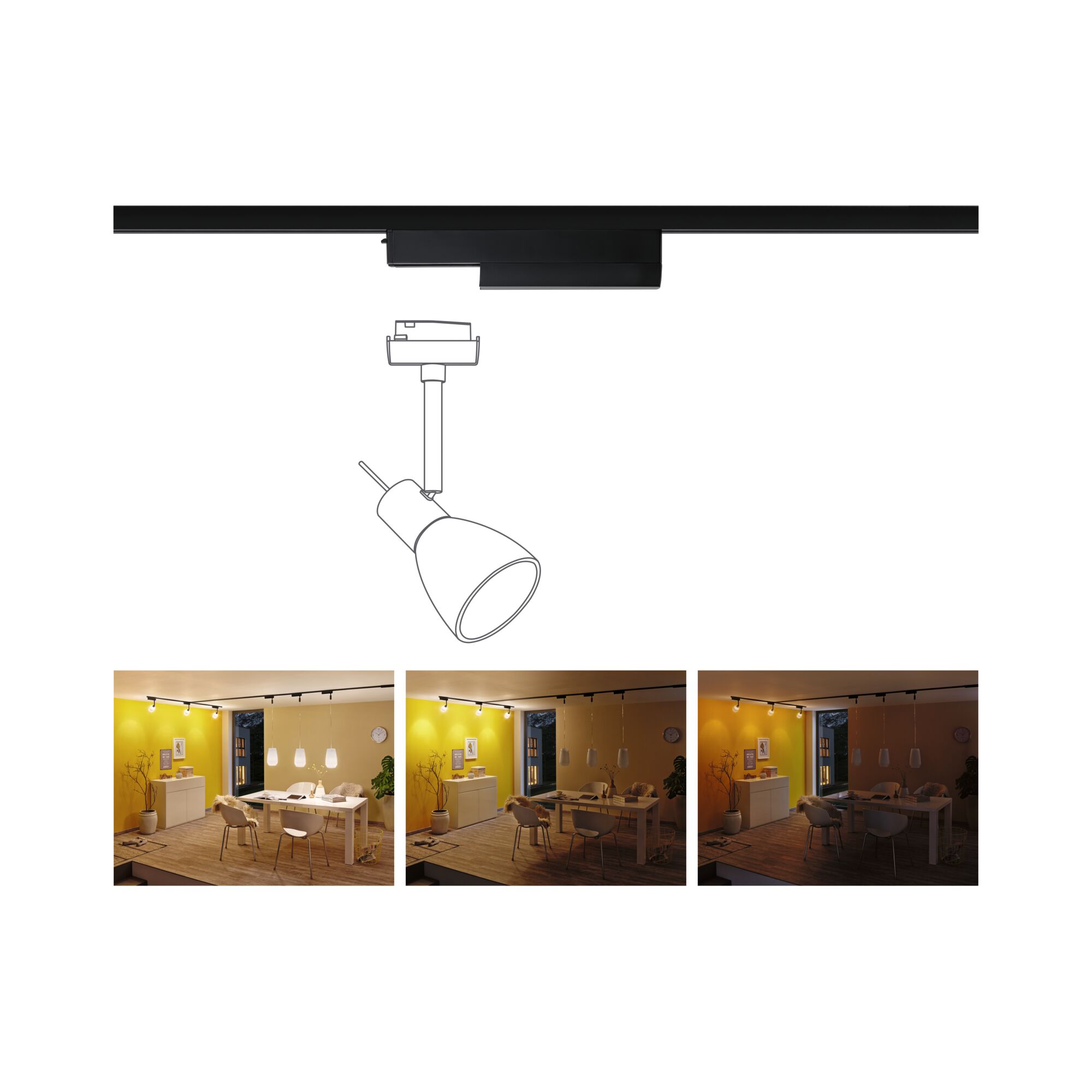 Zwarte LED-railspot met verstelbare lamp en drie helderheidsstanden in woonkamer.