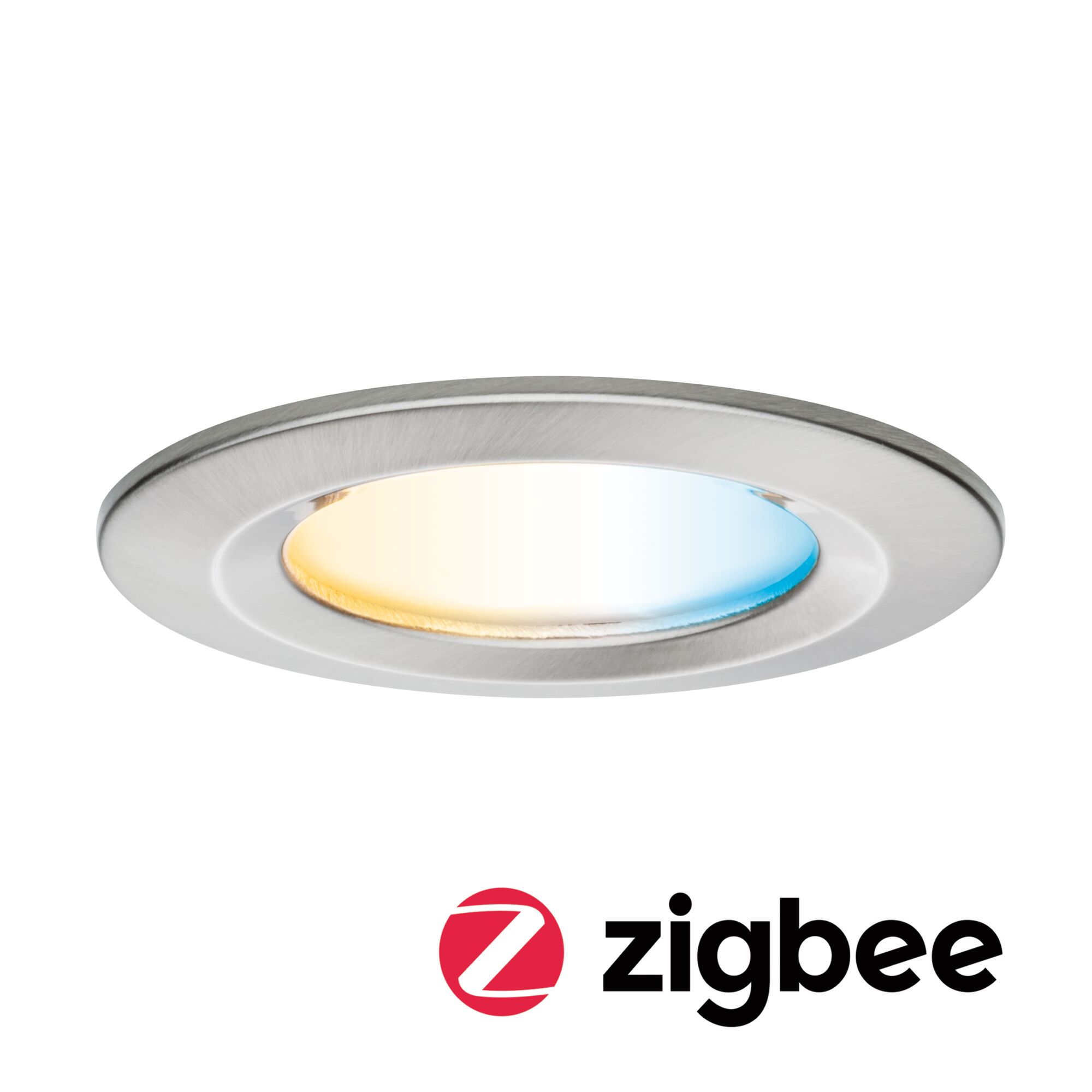 Spot encastré LED Nova Coin IP44 rond 78mm Tunable White 6W 530lm 230V Acier brossé Aluminium Spot encastré LED rond en aluminium brossé avec lumière blanc chaud et froid, compatible Zigbee