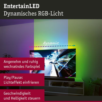 Dynamisches RGB-Licht hinter Fernseher erzeugt farbwechselnde Wandbeleuchtung für Wohnzimmer