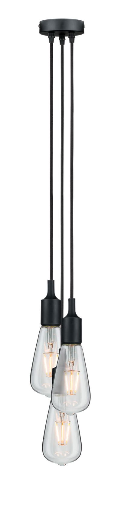 Moderne hanglamp met drie heldere lampen en zwarte snoeren voor stijlvolle verlichting