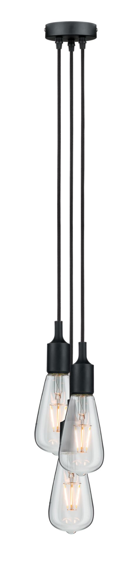 Modern pendant light with three clear bulbs and black cords for stylish room lighting