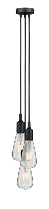 Modern pendant light with three clear bulbs and black cords for stylish room lighting