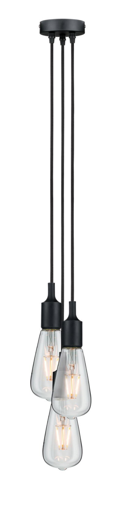 Modern pendant light with three clear bulbs and black cords for stylish room lighting