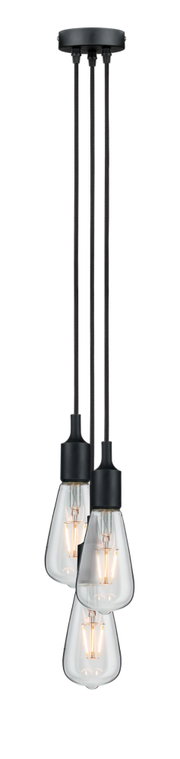 Modern pendant light with three clear bulbs and black cords for stylish room lighting