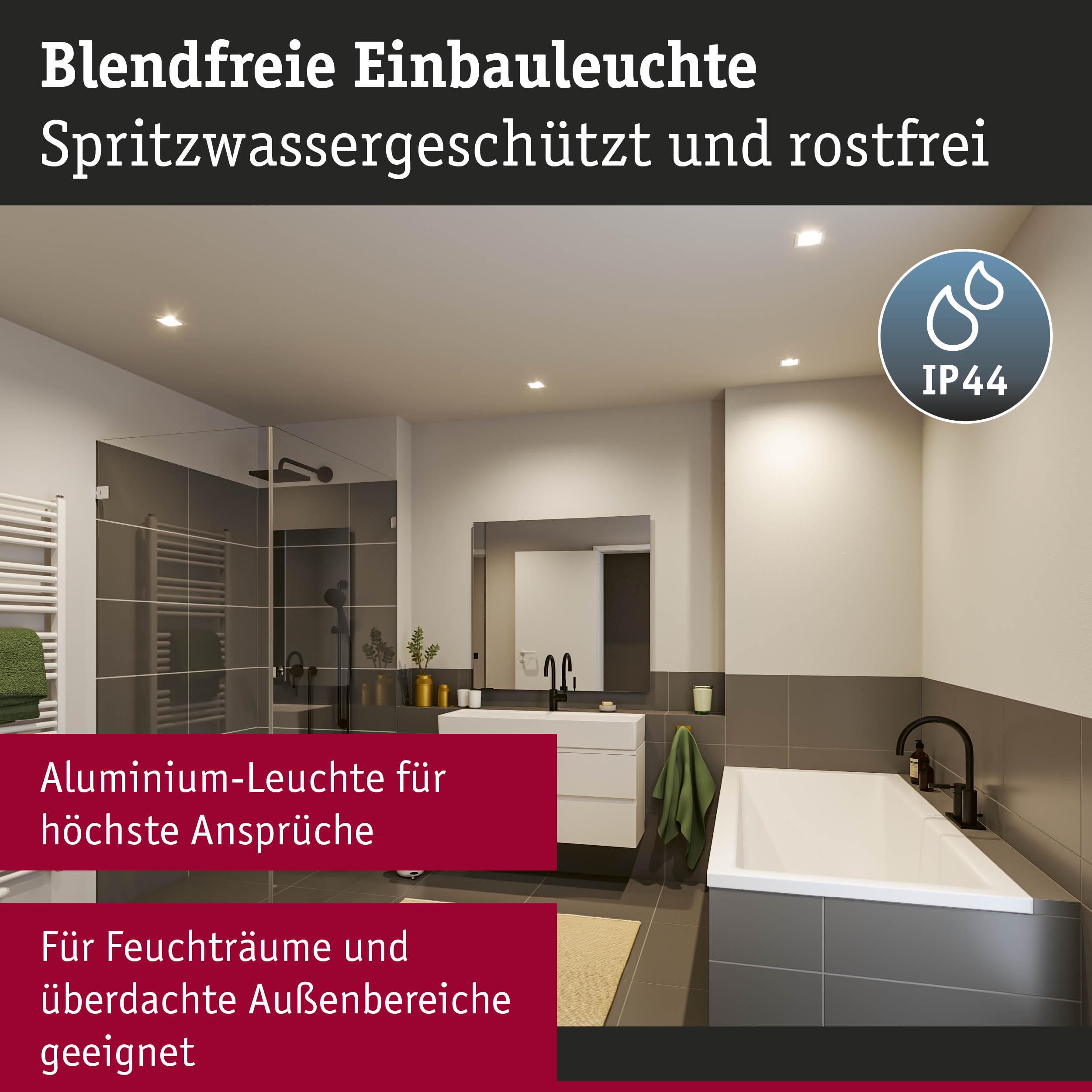 Blendfreie Aluminium-Einbauleuchte in Weiß für Feuchträume und überdachte Außenbereiche mit IP44 Schutz
