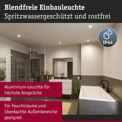 Blendfreie Aluminium-Einbauleuchte in Weiß für Feuchträume und überdachte Außenbereiche mit IP44 Schutz