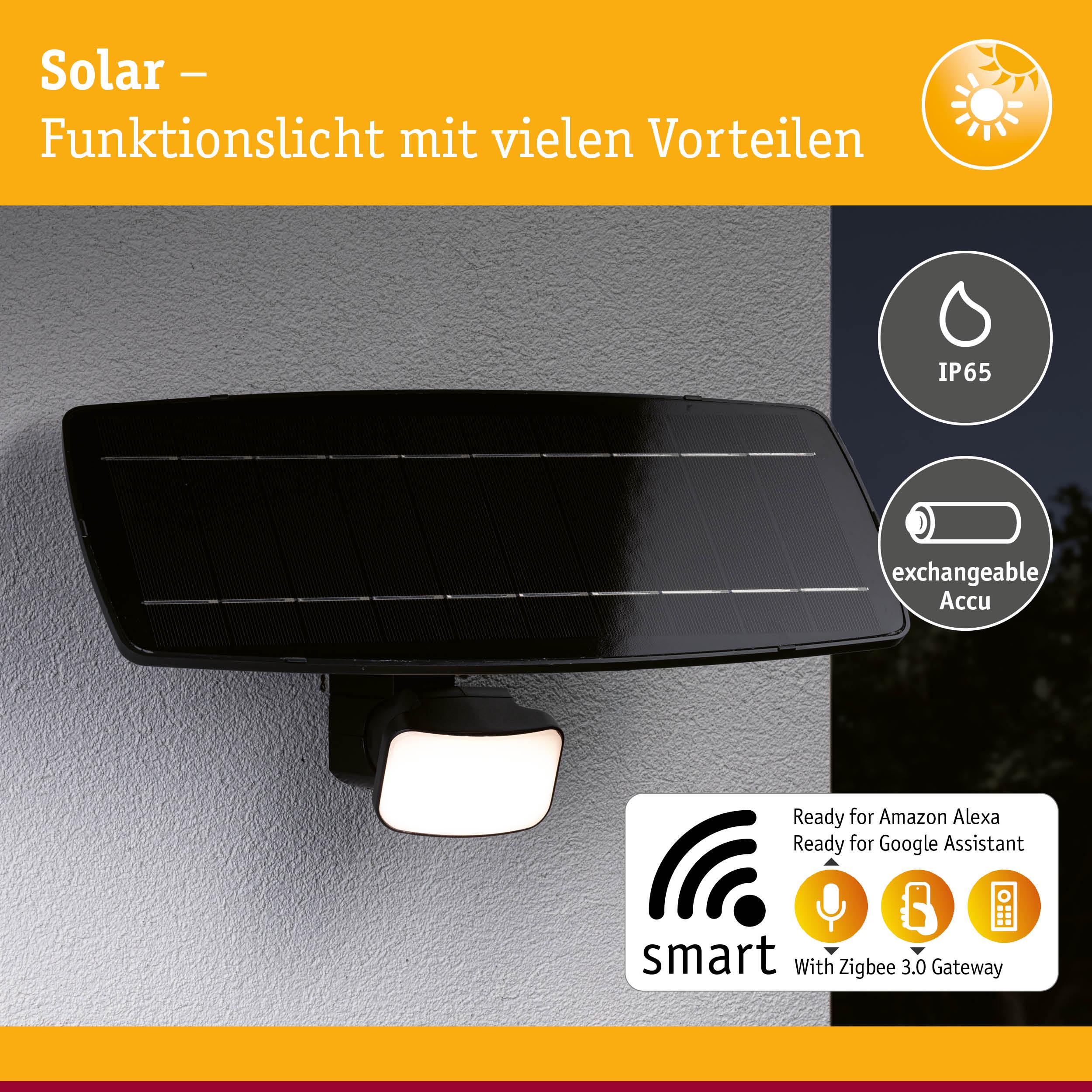 Schwarzes Solar-Funktionslicht mit IP65 Schutz und austauschbarem Akku, smart steuerbar per Zigbee 3.0 Gateway