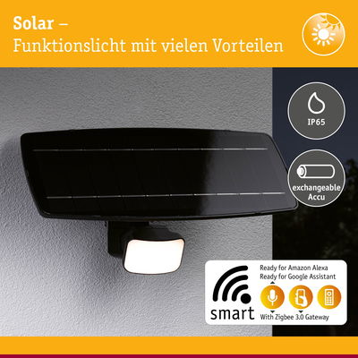 Schwarzes Solar-Funktionslicht mit IP65 Schutz und austauschbarem Akku, smart steuerbar per Zigbee 3.0 Gateway