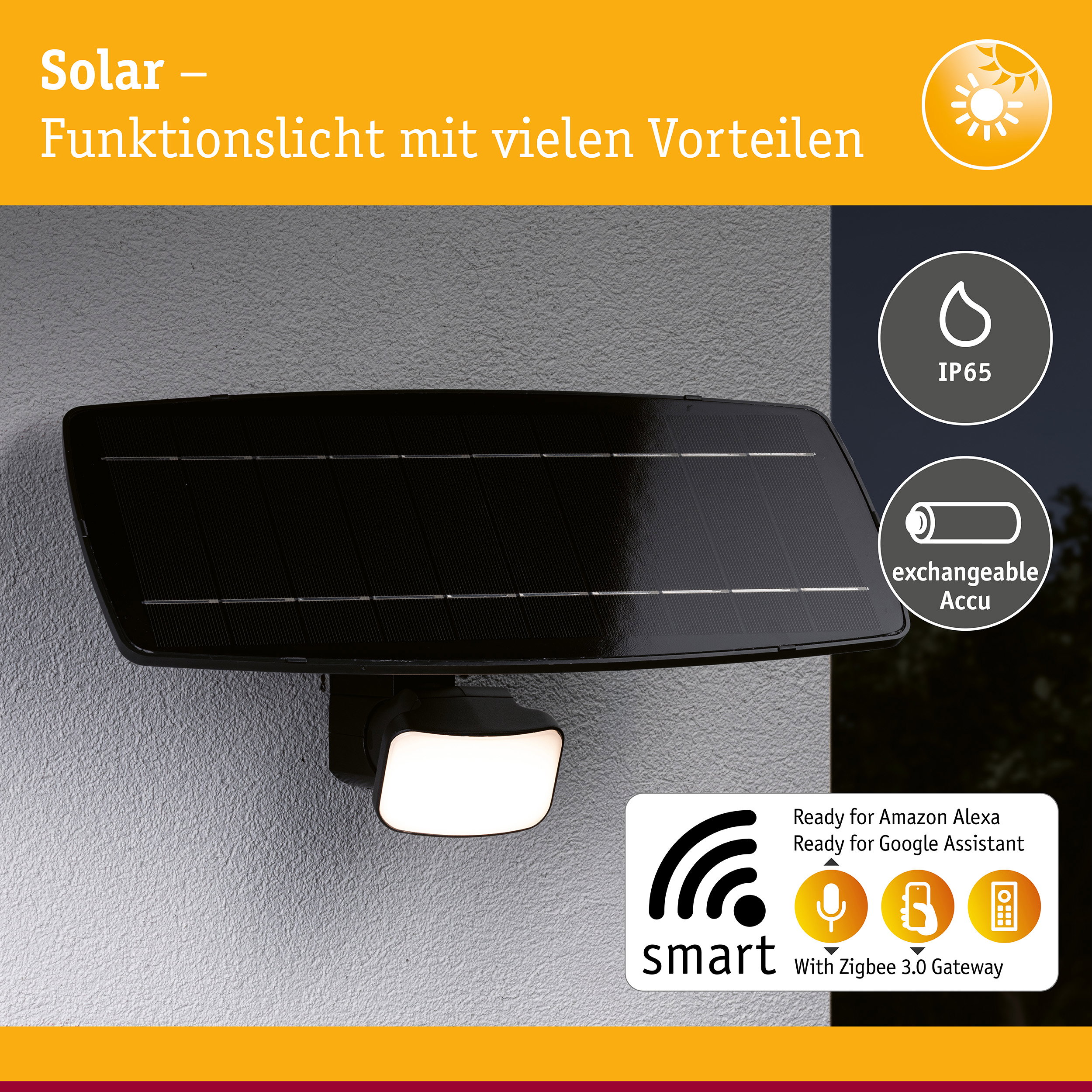 Schwarzes Solar-Funktionslicht mit IP65 Schutz und wechselbarem Akku, smart steuerbar mit Alexa und Google.