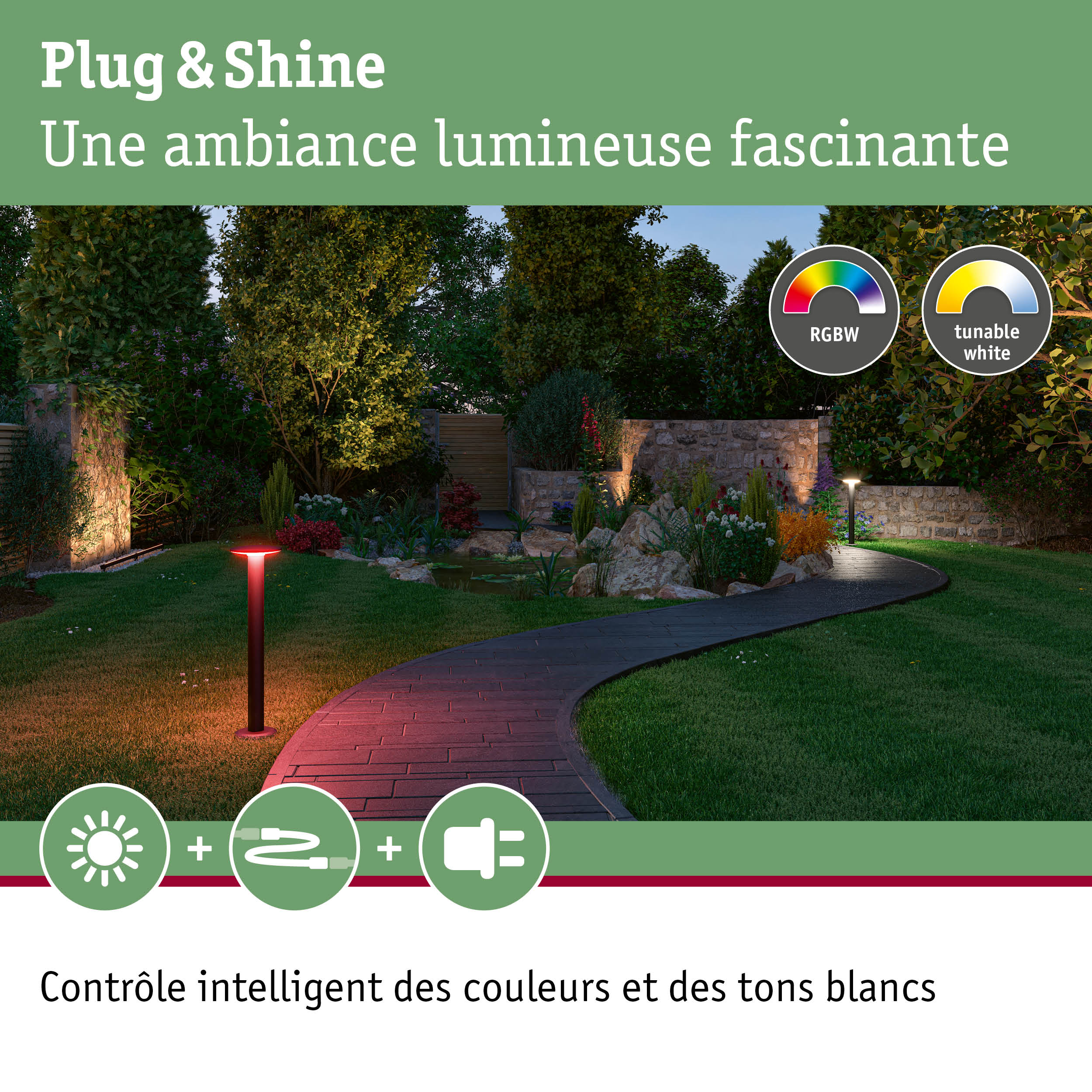 Éclairage extérieur Plug & Shine RGBW dans un jardin avec tons blancs réglables et lumière rouge sur le chemin